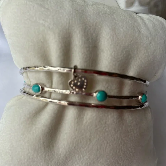 Stella & Dot Siver and Turquoise Bangle Bracelet Set - Picture 2 of 4